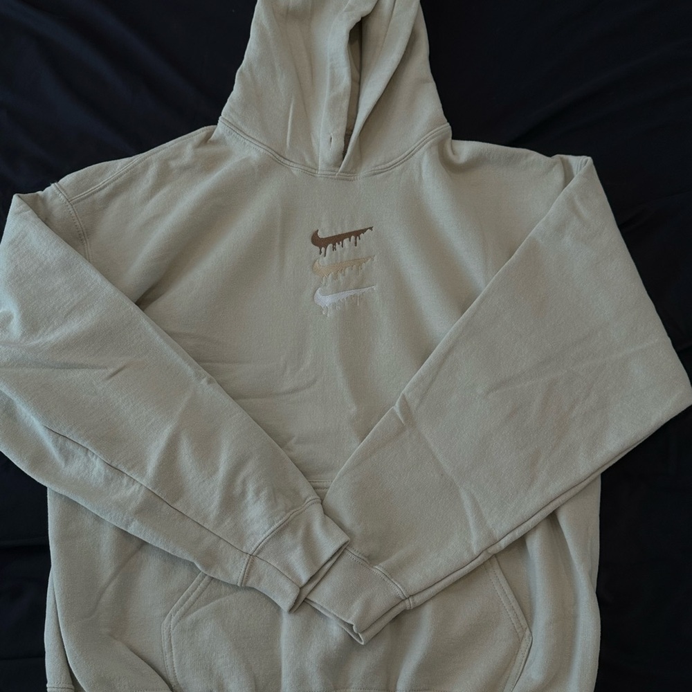 Tan Hoodie with Triple Logo Design